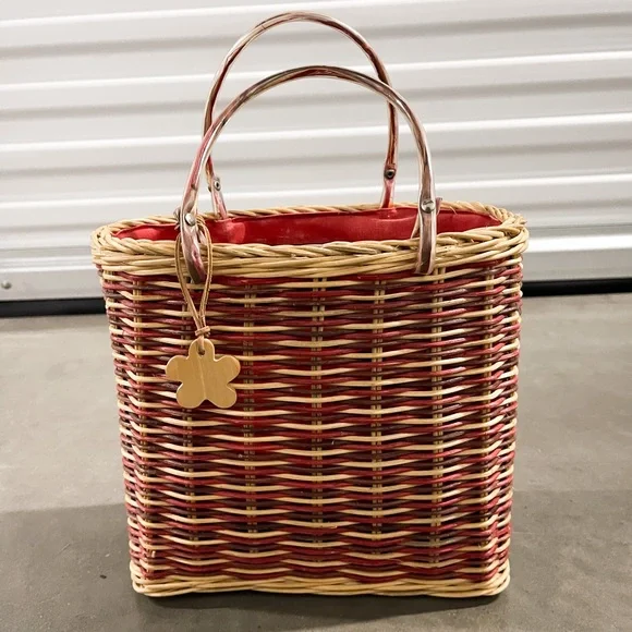 Vintage Esprit Mini Basket Women Small Red Tan Woven Bag Dual Handle Tote - Picture 1 of 6
